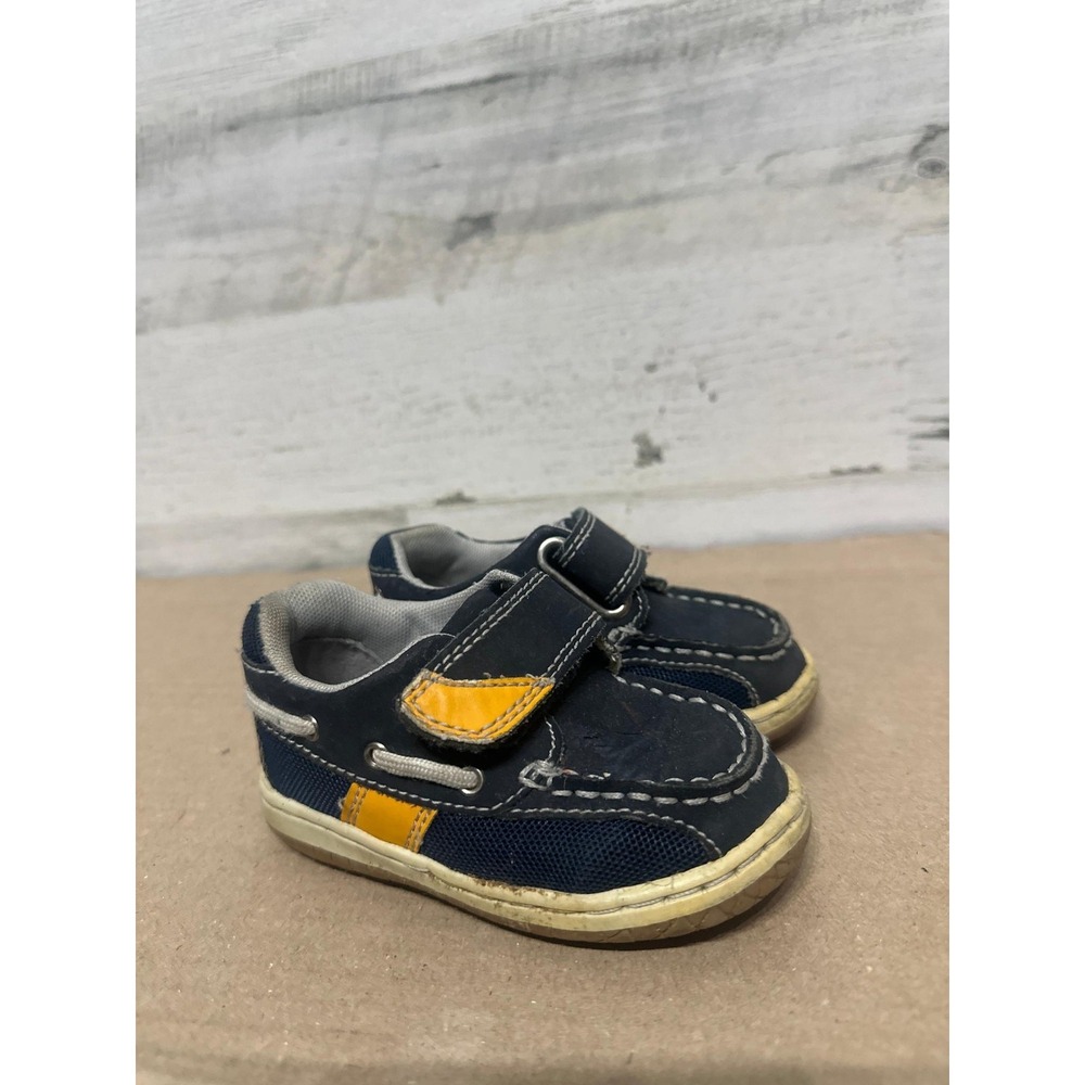 Jumping Jack Boat Shoes Boys 5.5W Navy Yellow Hook‎ Loop Loafers Wide